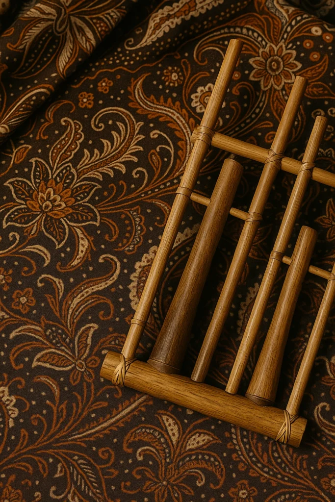 Batik tradisional motif bunga berwarna cokelat dengan angklung bambu khas Sunda di atasnya.