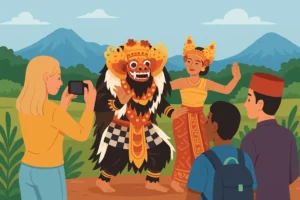 Ilustrasi empat orang menampilkan pakaian adat dari berbagai daerah di Indonesia dalam suasana budaya tradisional